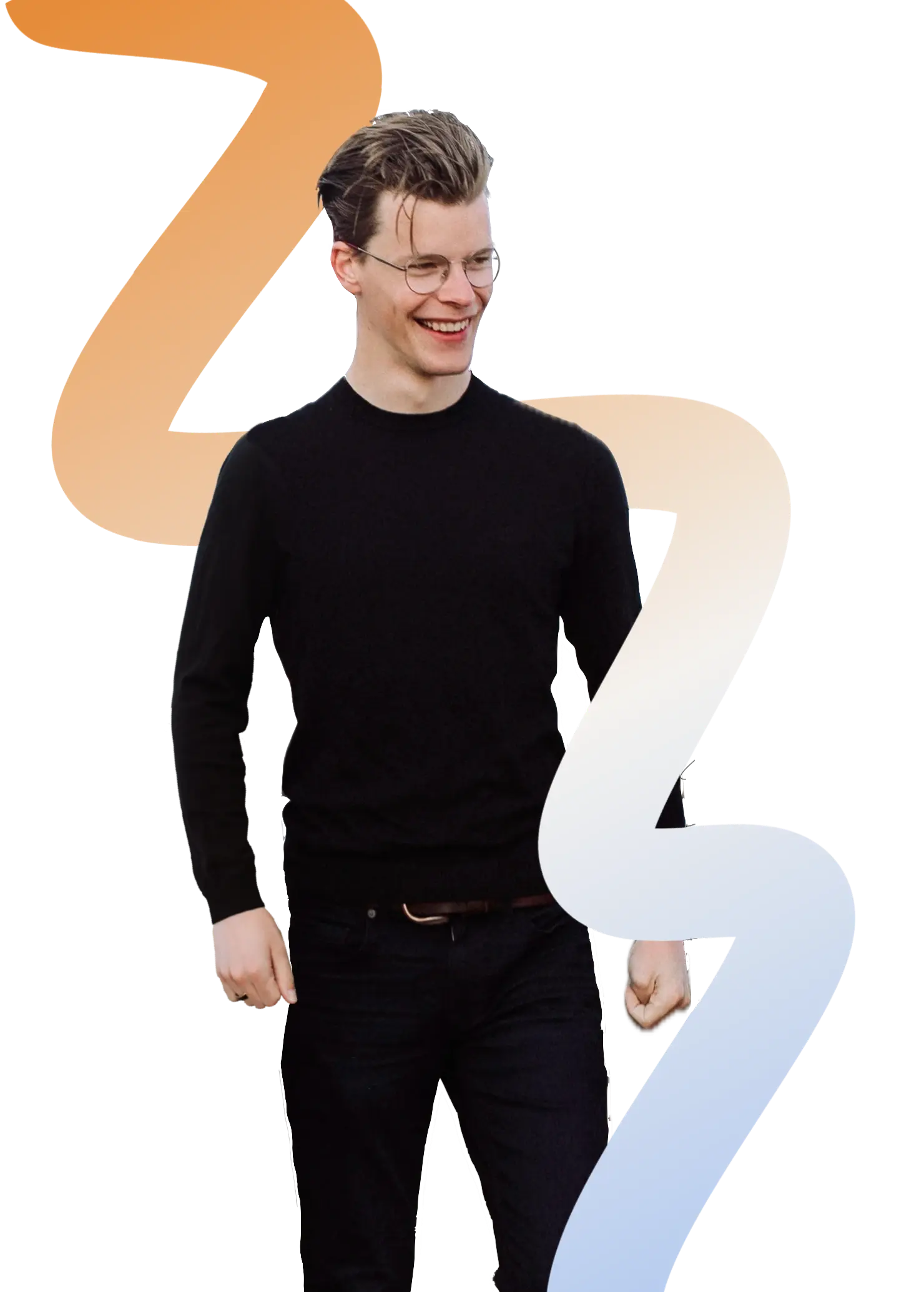 Joram Millenaar standing and smiling with a colorful line going top down and over and under him